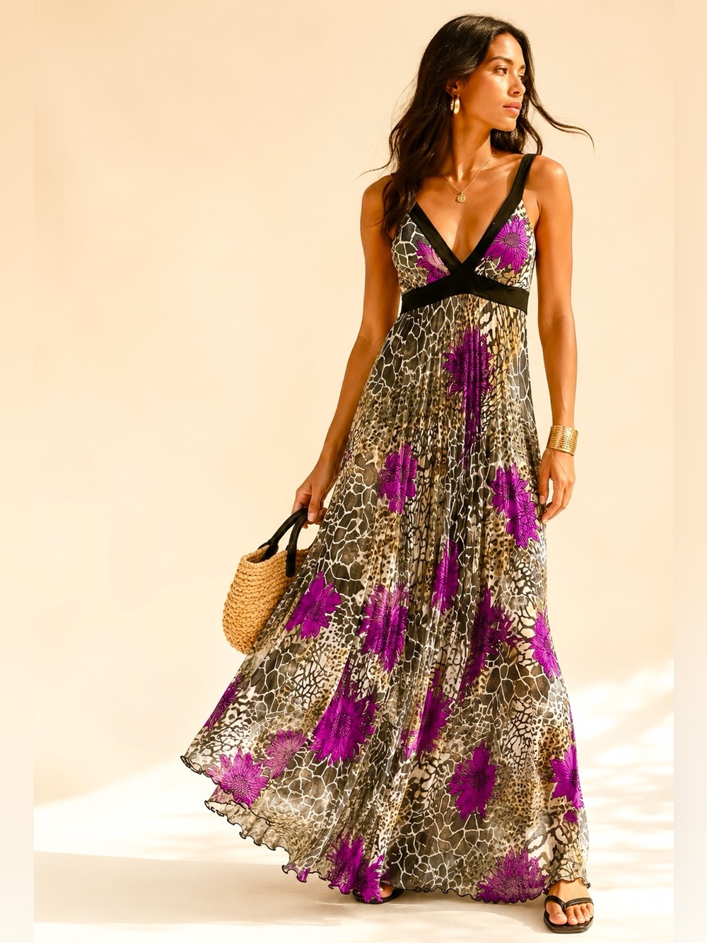 Y2K Mob Wife Empire Waist Maxi Dress Animal Floral Tie Back USA Sz L